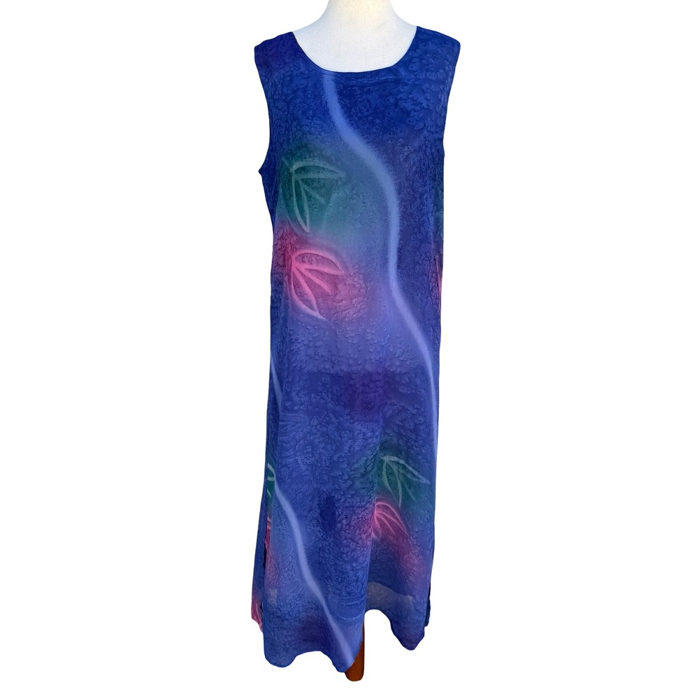 Magic Vintage Art To Wear Blue Batik Hand Painted Abstract Floral Maxi Dress M